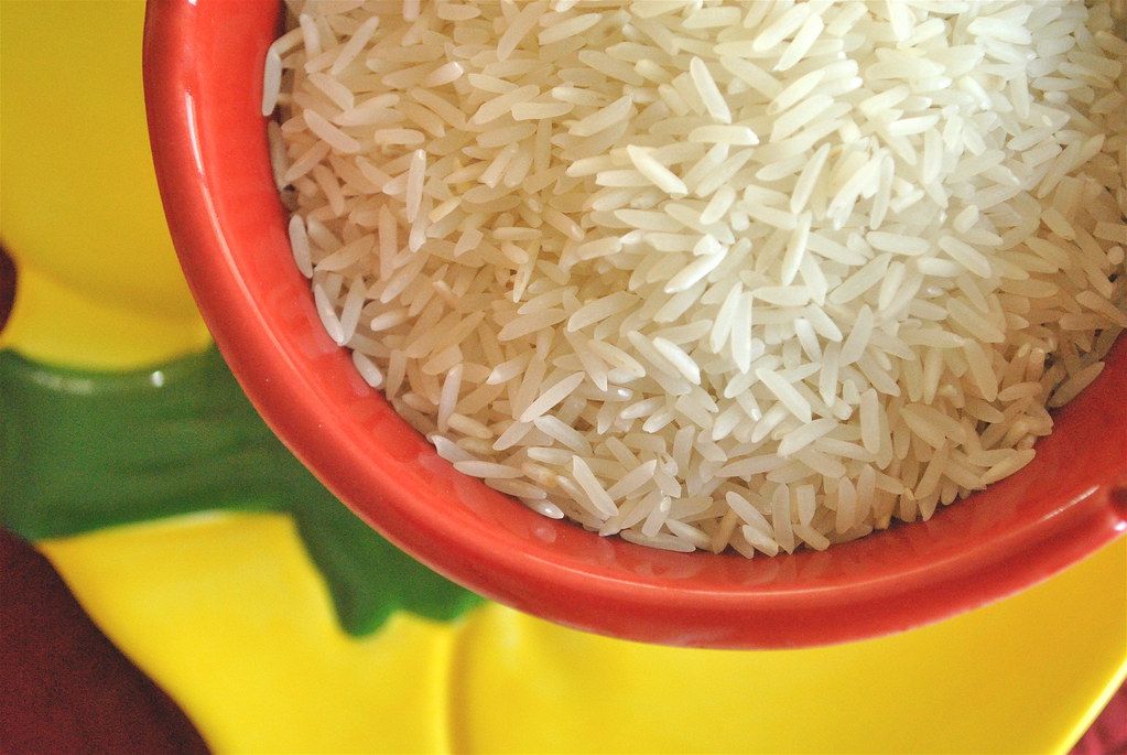 A bowl of basmati rice, a pantry staple available at Super Indian Grocery